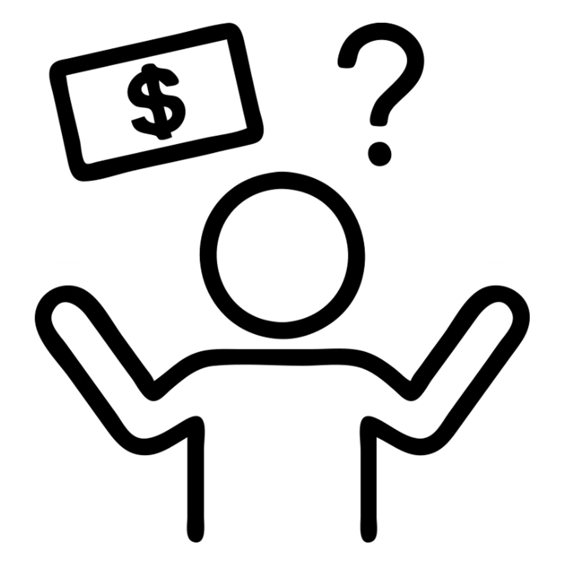 simple icon of a figure with hands raised, money floating above, and a question mark, expressing helplessness, minimalistic line art sticker