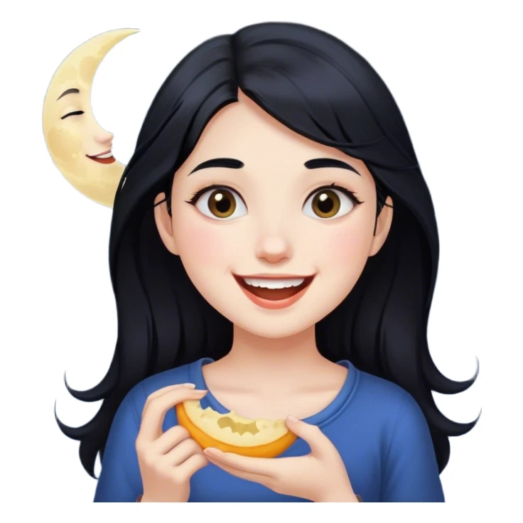 smiling girl with black hair eating the moon sticker