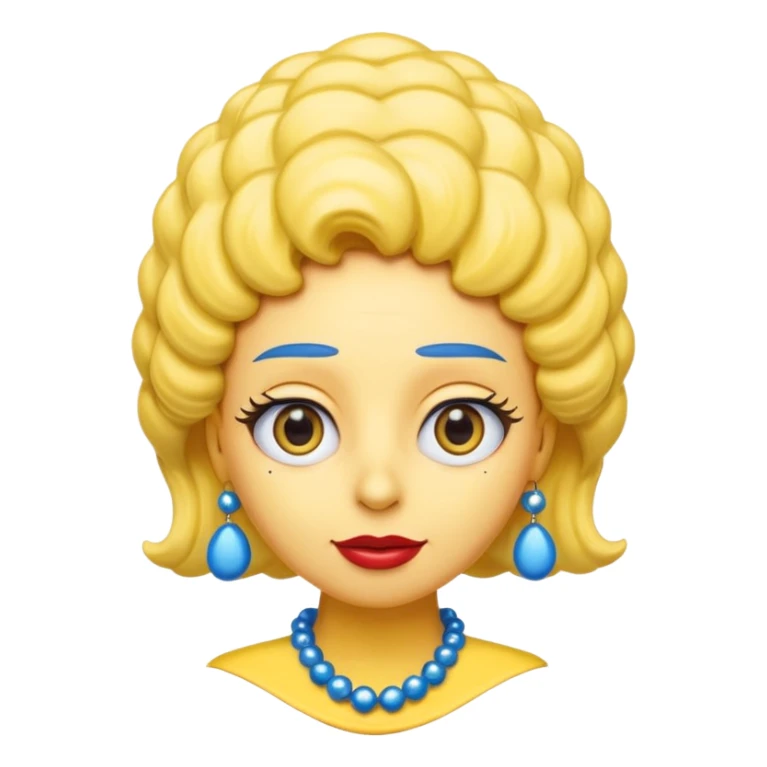 3D emoji head-only, smooth plastic, soft studio light, big round eyes, bold outline, centered, transparent bg,
Marge Simpson, yellow skin, tall blue beehive hair, red pearl necklace sticker