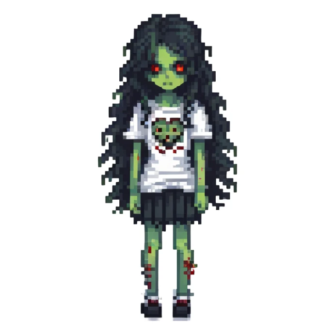 girl zombie with black long curly hair, emo style sticker