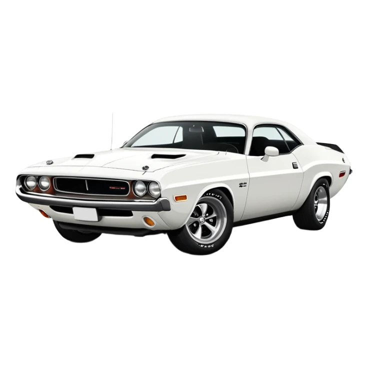 Pure white 1971 Dodge Challenger muscle car, completely white paint, no stripes, side angle view, minimalist Apple iOS emoji style, classic car from Death Proof movie sticker