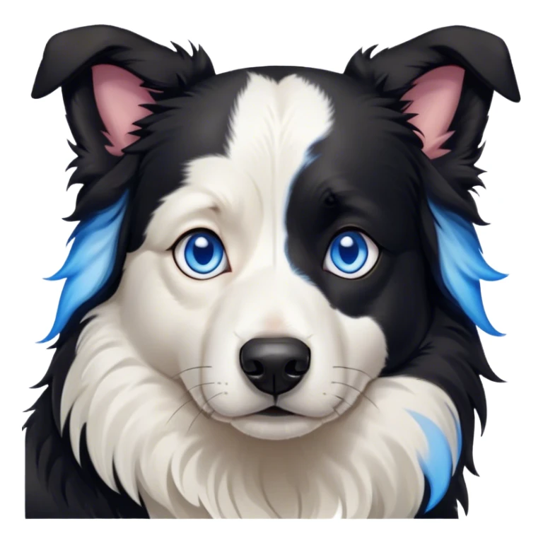 Cinematic Meme-Worthy Grumpy Border Collie Portrait Emoji, Head held high but eyes filled with dramatic disappointment, smooth black and white fur with a deeply furrowed brow forming an unmistakable scowl, floppy ears slightly angled back in disapproval, piercing blue eyes glaring with pure exasperation, Simplified yet hilariously over-exaggerated features, highly detailed, glowing with an aura of supreme annoyance, high shine, exhausted yet judgmental, stylized with an almost regal pettiness, bright but brooding, soft glowing outline, capturing the essence of a herder that has seen it all and is thoroughly unimpressed, so meme-worthy it feels like it could instantly become the next viral sensation of grumpiness! sticker