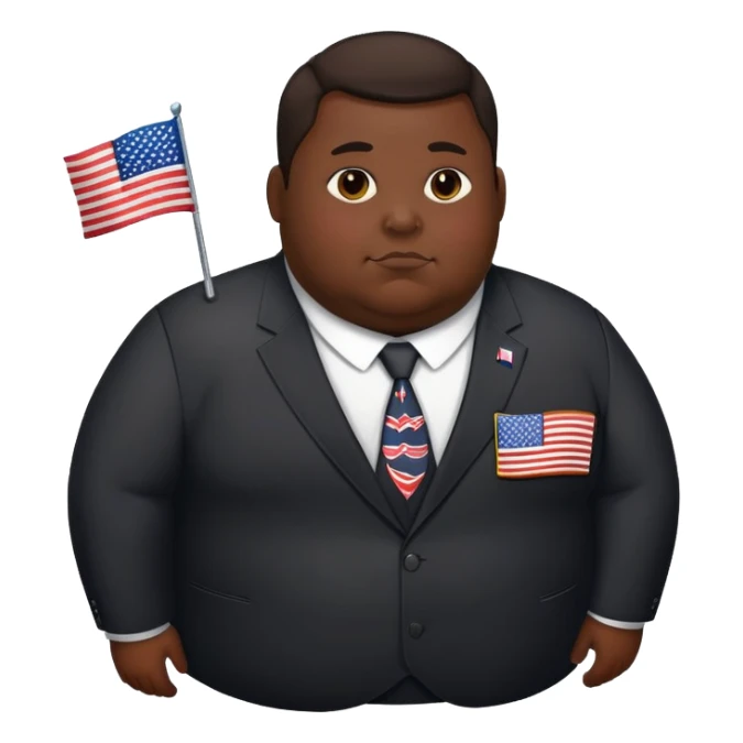 overweight person in dark suit with US flag pin sticker