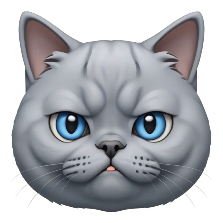 Cinematic Comical Grey British Shorthair Cat Portrait Emoji, Head tilted with a scrunched, grumpy expression, sleek soft grey fur with subtle blue undertones, Simplified yet sharp features, highly detailed, glowing with a slightly sarcastic glow, high shine, poised but with a comically displeased demeanor, stylized with an air of playful disdain, focused yet unimpressed, soft glowing outline, capturing the essence of a grumpy yet endearing kitty, so lifelike it feels like it could give you an exaggerated sigh and a disapproving stare at any moment! sticker