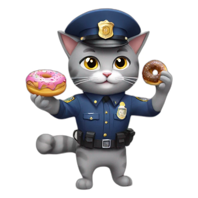 grey cat in police hat eating 3 doughnuts sticker