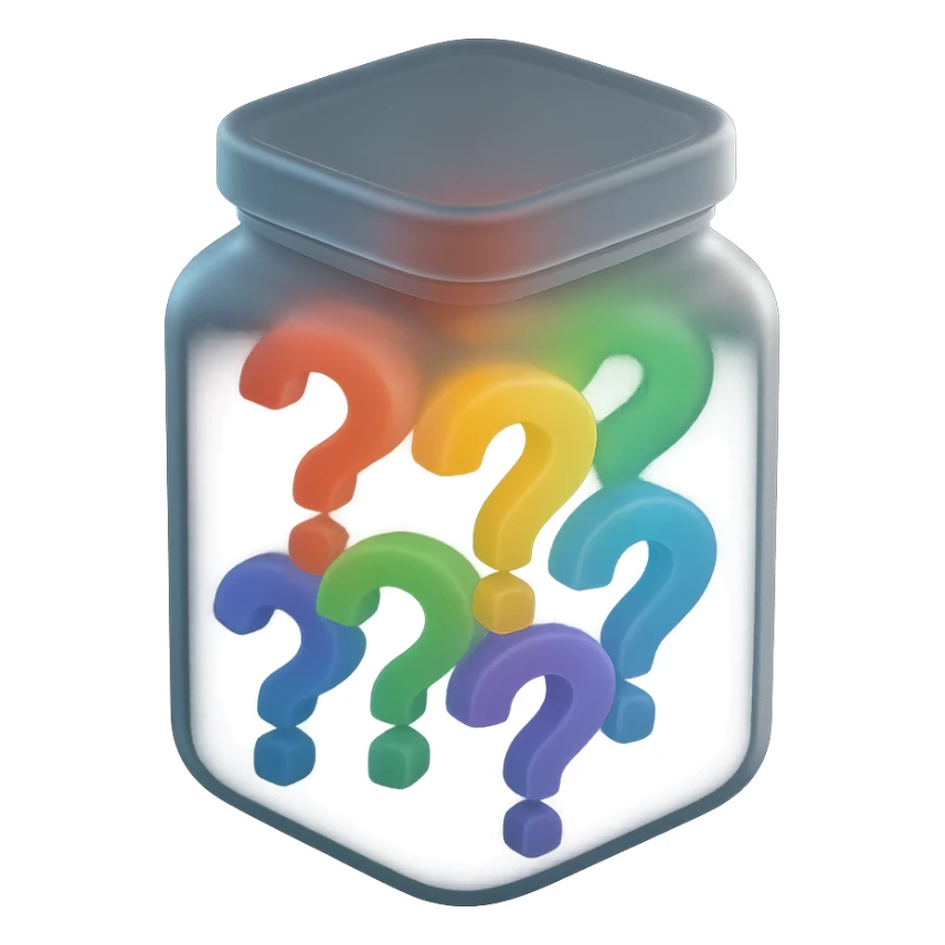 glass jar filled with colorful question marks inside, matte glass style sticker