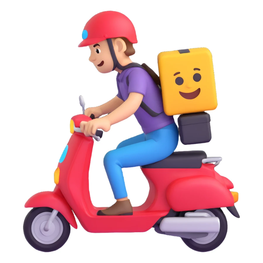courier riding a moped, simple and clear, emoji style sticker