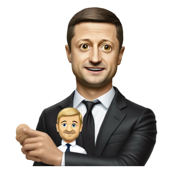 Hyper realistic Vladimir Zelensky pulls the strings  of a wooden doll sticker