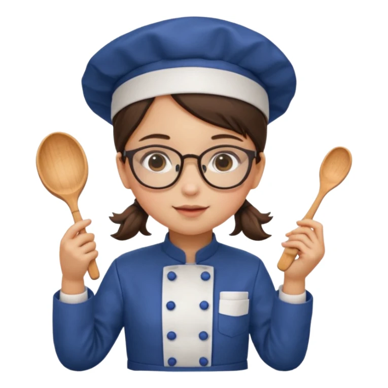girl kid italian chef, uniform, wearing glasses, holding toy sticker