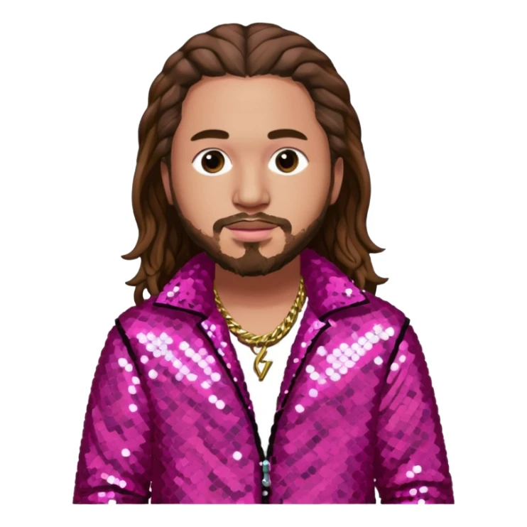 Post Malone with long brown hair, dark pink sequin outfit sticker