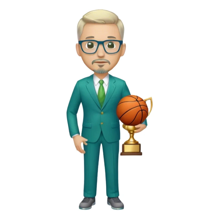 Full Body white  male large size wearing glasses with a goatee with light blonde and gray very short hair basketball head Coach in blue and green suit holding trophy sticker