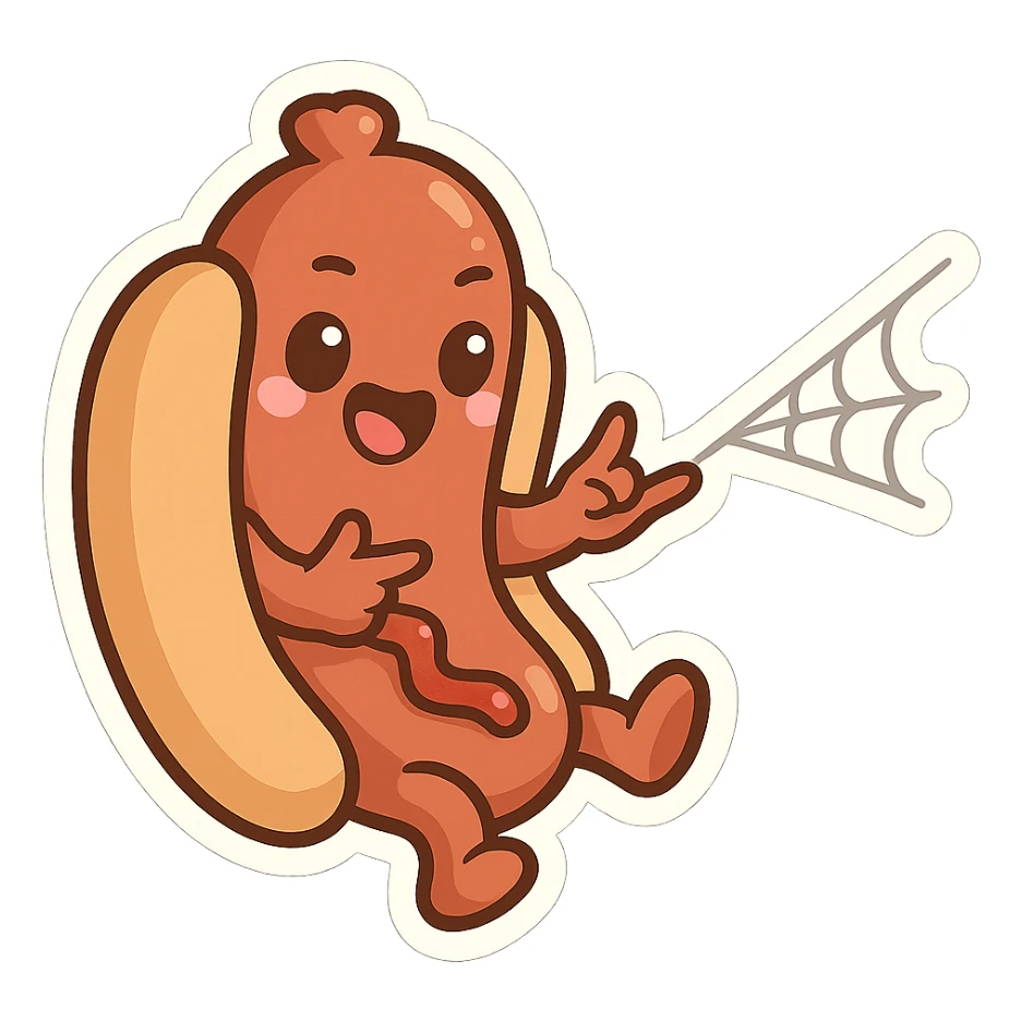 cartoon hot dog shooting a web from its tip, playful and dynamic sticker