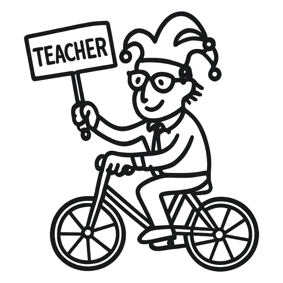 A teacher riding a bike with a joker-like aura sticker