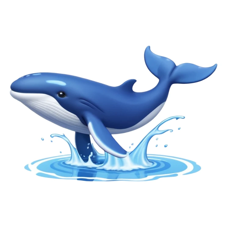 A 3D cartoon whale tail rising from the water, smooth surface reflection, ocean background, Memoji-style. sticker