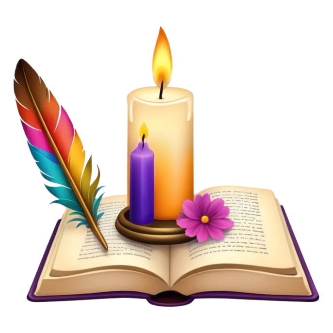 Aesthetic candle, feather quill in ink glass, open book, flower petals sticker