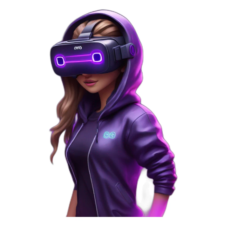 Create a 3D model of a Russian girl wearing a black "OMG" hoodie and VR headset in a cyberpunk VR environment with violet neon lighting. sticker