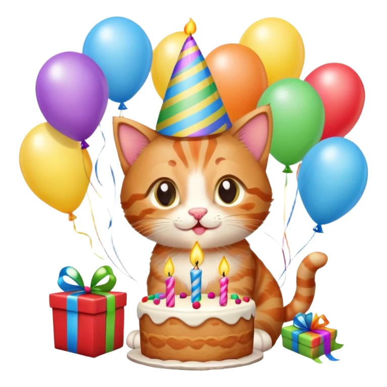 Ginger tabby kitten celebrates birthday, birthday hat, birthday cake, one candle, balloons, happy, gifts sticker