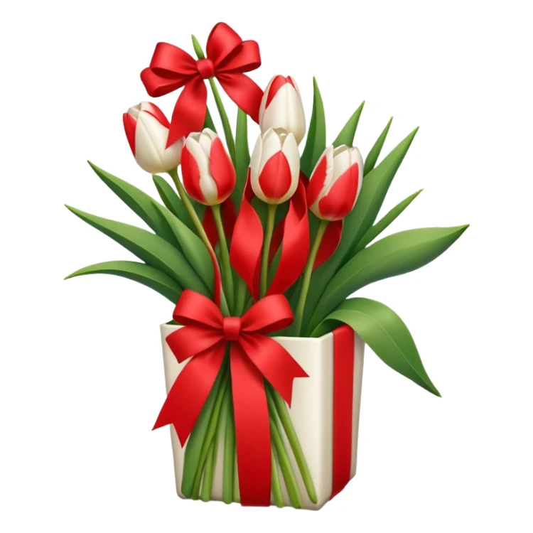 White tulips in case, with a red ribbon sticker