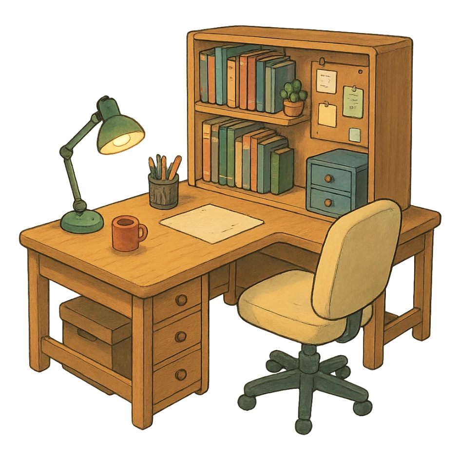 modular office desk in Ghibli style, cozy and inviting atmosphere sticker