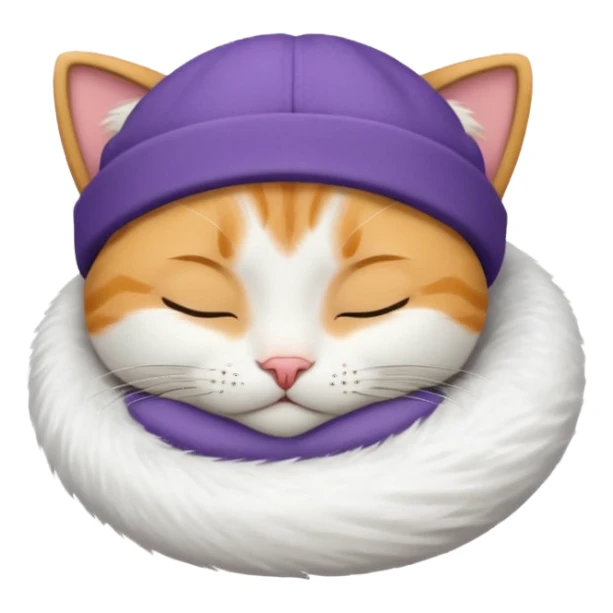 emoji of sleeping cat, its pose is lying, it has on his head FedEx delivery cap sticker