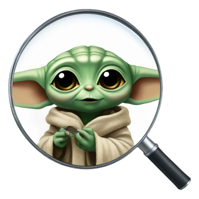 Baby Yoda looks through a magnifying glass sticker