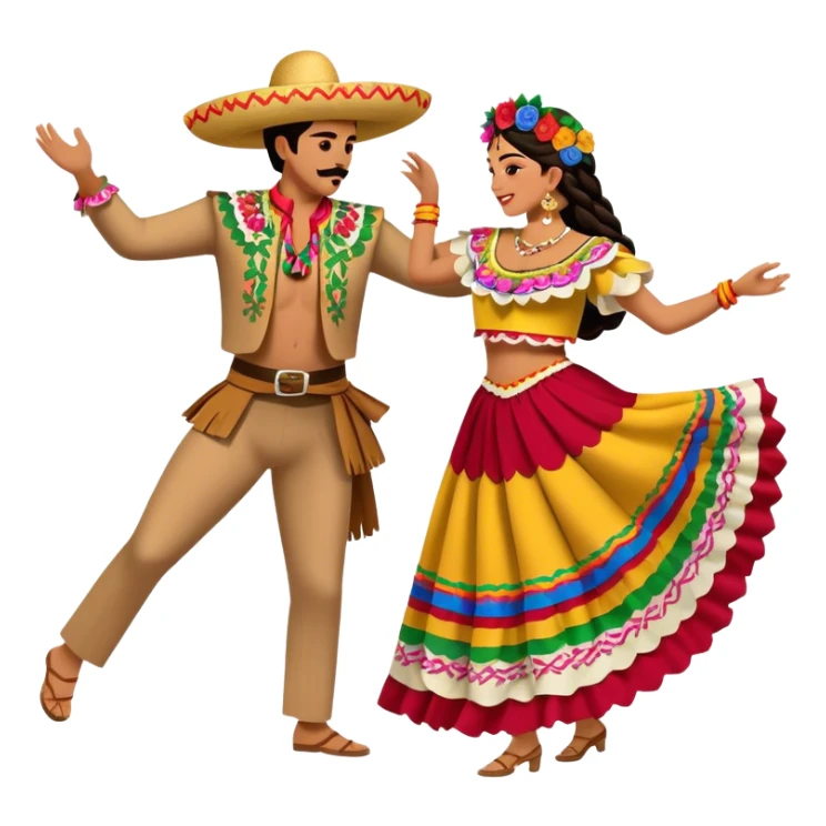 Cinematic Realistic scene of two performers dancing the Jarabe Tapatío, dressed in colorful traditional Mexican costumes with intricate embroidery, captured in energetic, festive motion with vibrant, celebratory lighting sticker