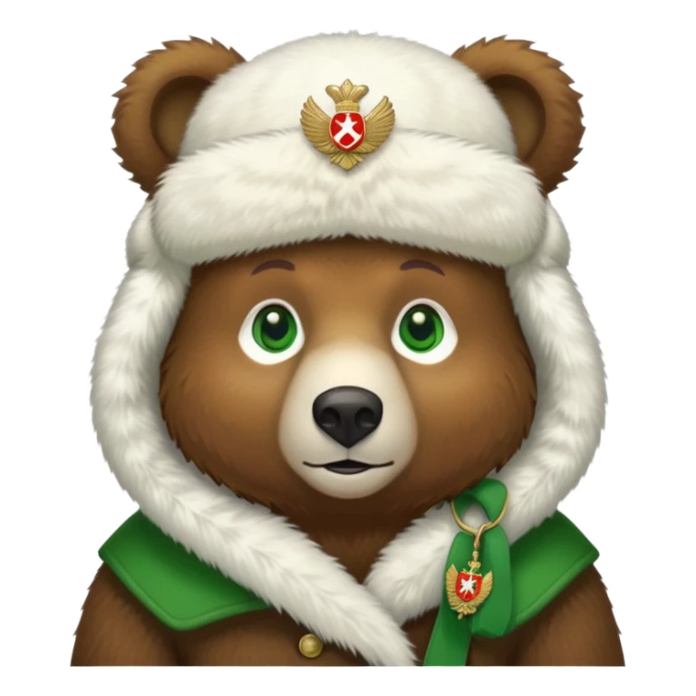 Endearing brown bear with bright green eyes, white fur ushanka hat with detailed Russian Federation emblem prominently displayed on front, iOS emoji style sticker
