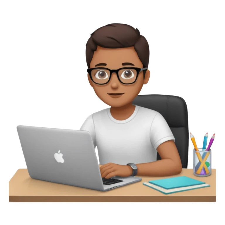 designer with tan skin and square glasses using a laptop, creative workspace sticker
