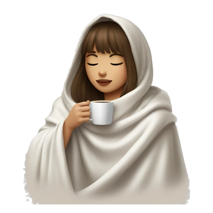 girl with long brown hair with bangs inside a white blanket sipping coffee eyes closed sticker