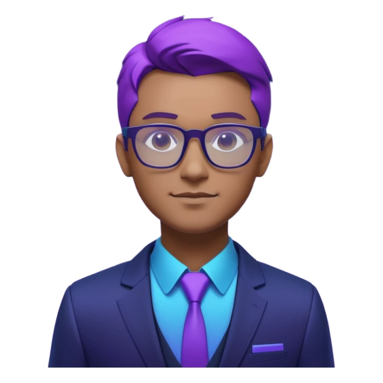 A stylized 3D avatar of a visionary tech CEO, male, wearing glasses and a sleek dark blazer. He has a confident, friendly expression. The lighting is a dramatic gradient of purple and electric blue neon. Rim lighting on the edges of the character. Dark background, cyberpunk minimalist aesthetic. sticker