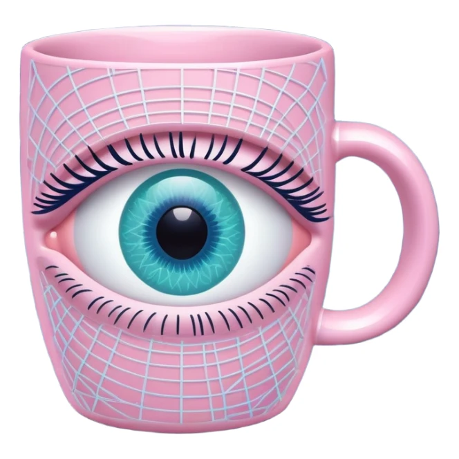 Neural network grid forming an eye with product-reflecting iris (e.g., coffee mug), soft pink (#FFB6C1) and mint (#98FF98) nodes on night blue (#000B1D) background sticker