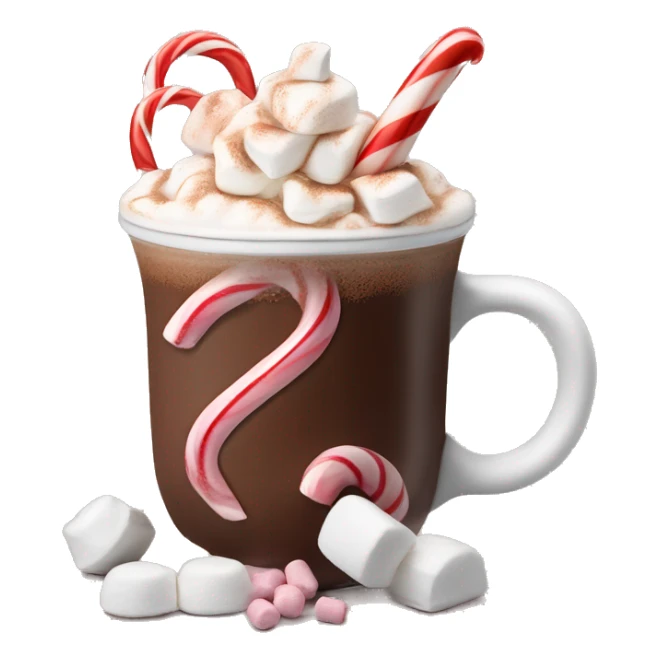 A hot chocolate with a candy cane and some marshmallows with some whipped cream sticker