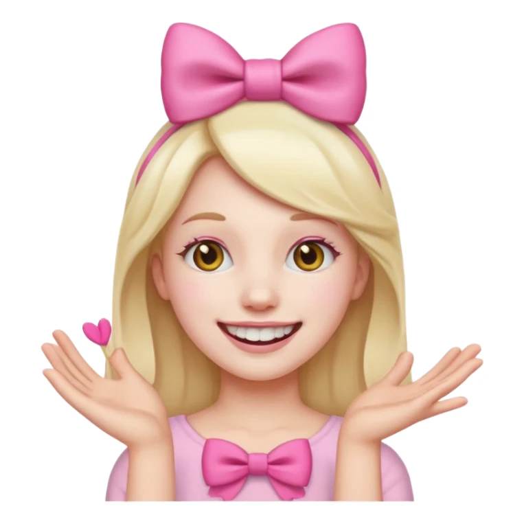 smiling emoji with a pink bow on head and hand placed on the teeth sticker