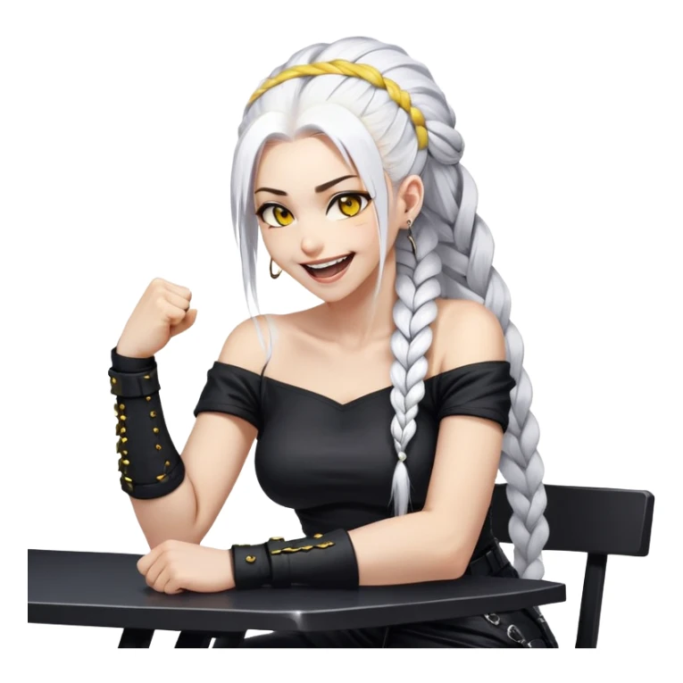 ghibli style, she is laughing outrageously and pounding her fist on the table, a closeup portrait of young woman with gold yellow eyes, white hair, long braid, black off-shoulder top, punk gothic style, futuristic cyberwave cyberpunk, sitting position
 sticker