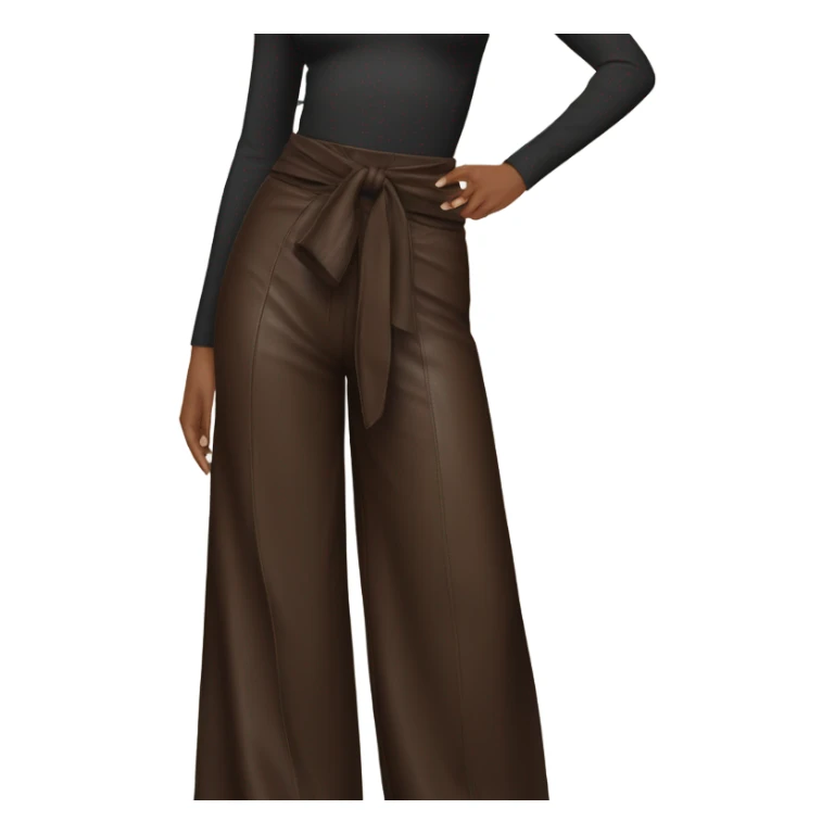 Dark brown High waisted leather wide leg pants with tie front sticker