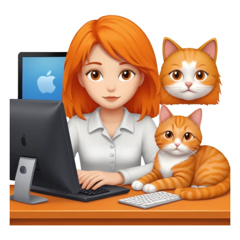 A girl is working in front of a computer, and a cat is lying next to the computer sticker