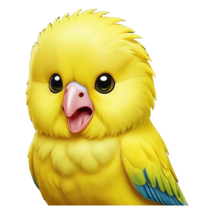 Cinematic Comical Yellow Budgie Portrait Emoji, Head tilted dramatically with an exaggeratedly amused expression, featuring a striking yellow feathered fur with a glossy finish, wide, expressive dark eyes filled with playful disbelief, Simplified yet hilariously expressive features, highly detailed, glowing with a slightly sassy glow, high shine, dramatic yet playful, stylized with an air of cheeky mischief, bright and endearing, soft glowing outline, capturing the essence of a spirited and over-the-top budgie, so meme-worthy it feels like it could side-eye its way into internet fame instantly! sticker