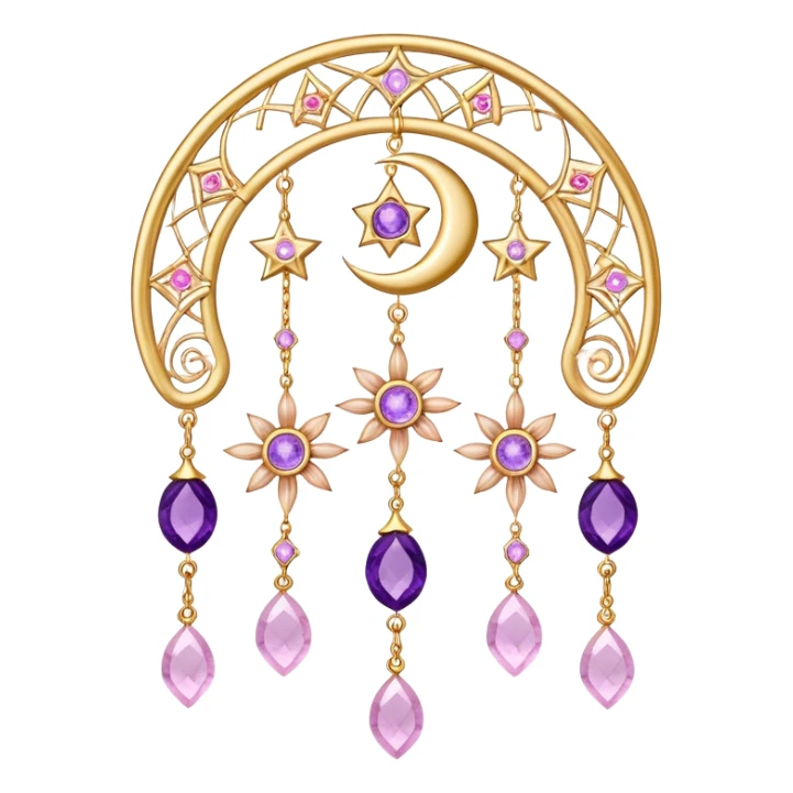 Epic Hanging gold suncatcher, threads with shiny sparkly amethyst and rose-quartz gemstones, flowers, moons, stars, sticker