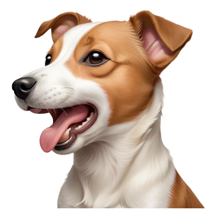 Cinematic Cute Yawning Jack Russell Terrier Portrait Emoji, Head tilted slightly with a dramatic, wide-open yawn, showcasing a compact, energetic form with floppy ears and sleepy, half-closed eyes, a slightly open mouth revealing gentle canine charm, Simplified yet irresistibly adorable features, highly detailed, glowing with a soft, cozy glow, high shine, relaxed yet expressive, stylized with a dash of whimsical canine ease, soft glowing outline, capturing the essence of a drowsy yet affectionate Jack Russell Terrier that appears ready to stretch out and yawn its way out of the screen! sticker