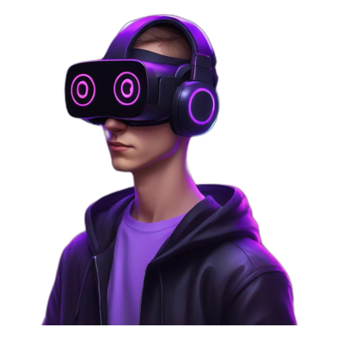 Russian young man wearing a black hoodie with "OMG" letters on it and VR headset in a cyberpunk VR environment with violet neon lighting. sticker