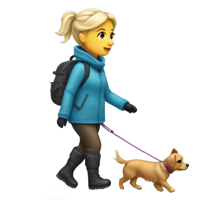 The back of a blonde woman walking a tiny dog on snow and ice  sticker