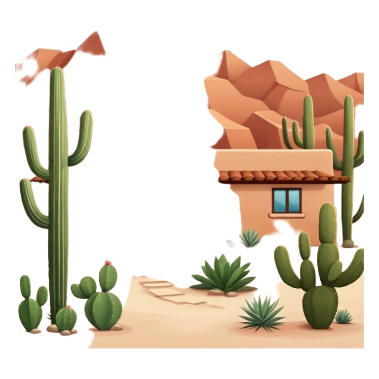 Tucson style house with adobe walls, flat roof, southwestern architecture, desert landscaping, cactus sticker
