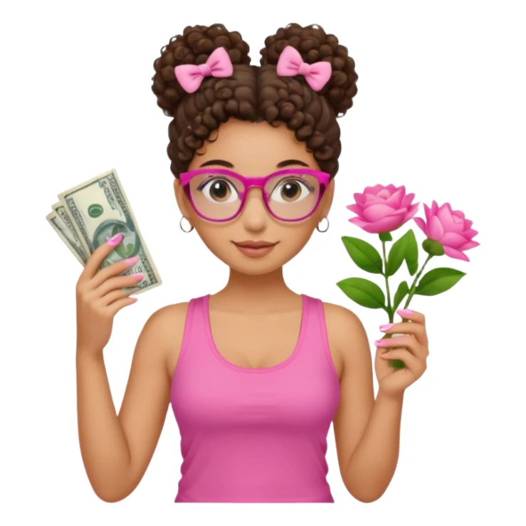 Uma menina com o cabelo cacheado com um Coque com baby hair, morena, e com uma regata rosa com um gloss na frente da regata ,com unha em gel,e com dinheiro na mão ,e com flores na outra mão,  com óculos  sticker