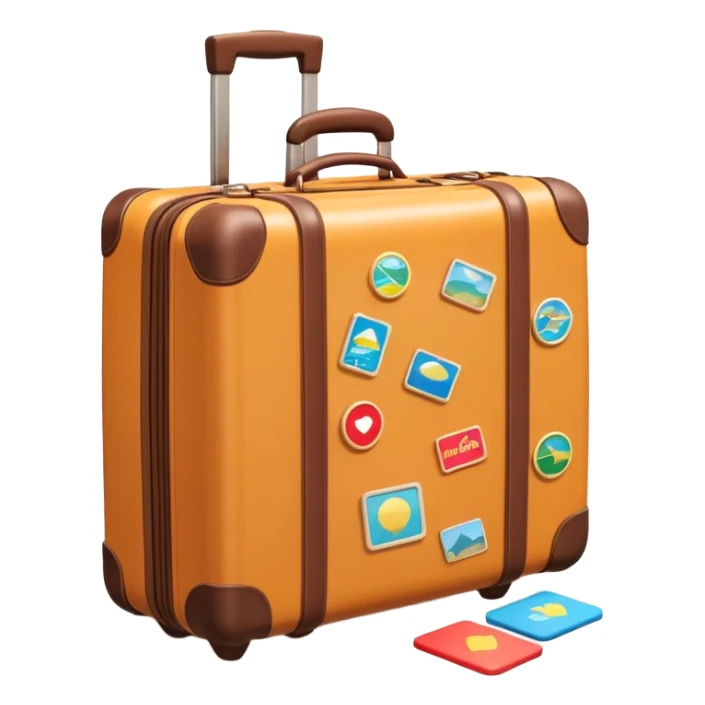 A 3D cartoon suitcase placed on the ground with travel stickers, soft sunlight, warm tone, realistic Memoji-style design. sticker