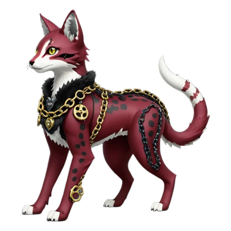 Epic complex knightly divine glorious futuristic detailed dark dusky gloomy deep gothic sanguine-blood-maroon-black-white, realistic Fakémon-Sprigatito-Floragato-Meowscarada-Trico-Sergal-Serval-Vernid-creature (full body) with metal gears and metal collar with gold chains sticker