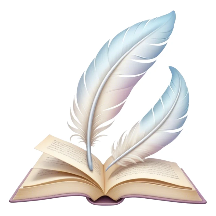 Create a delicate and poetic emoji representing poetry. The design should feature several elegantly flying pages with short poetic columns written on them. The pages should appear light and flowing, almost as if being carried by the wind. Include a white feather gently resting on the pages, symbolizing creativity and inspiration. Use soft, pastel tones to give it a dreamy, artistic feel. The design should feel ethereal and whimsical, capturing the essence of poetry. Make the background transparent. sticker