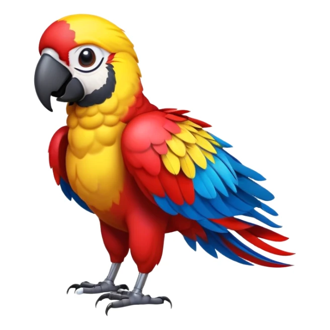 cinematic-macaw-realistic-full-body-standing-emoji,-vibrant-feathers-glowing-with-rich-reds,-blues,-and-yellows,-head-tilted-dramatically,-curved-beak-gleaming,-piercing-dark-eyes-exuding-confidence,-simplified-yet-realistic-focused sticker