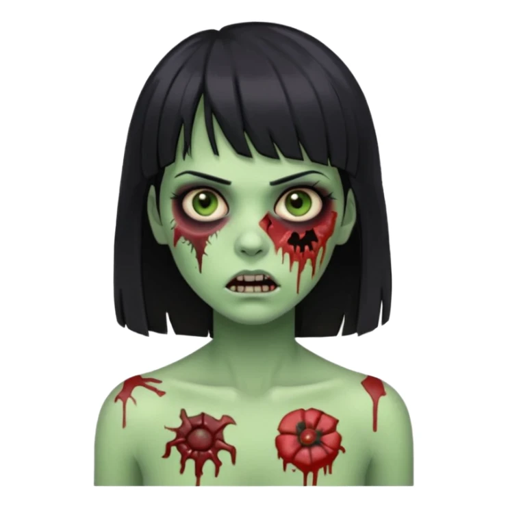 Um zumbi feminino, com cabelo preto e franja, machucados pelo rosto e torso, fundo escuro destacando o rosto com sombras pele verde sticker