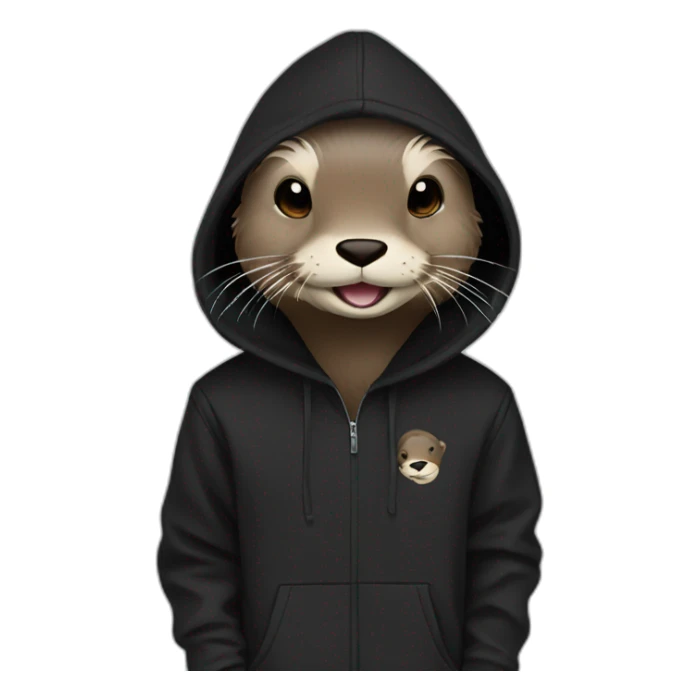 otter in black adidas hoodie with a wide smile sticker