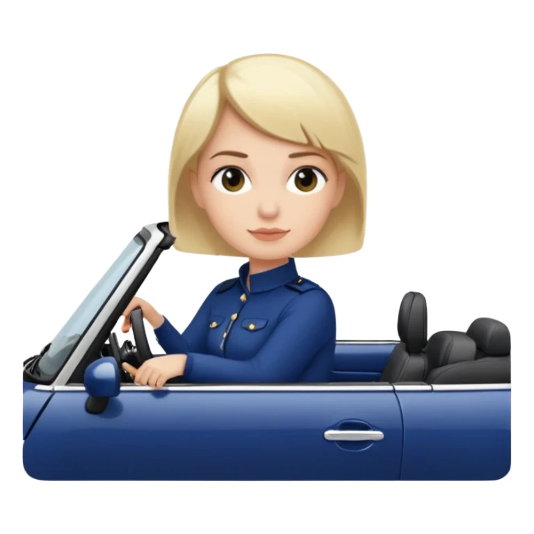 navy blue convertible Mini Cooper, with short, blonde colored haired woman driving - update woman to fair skinned sticker